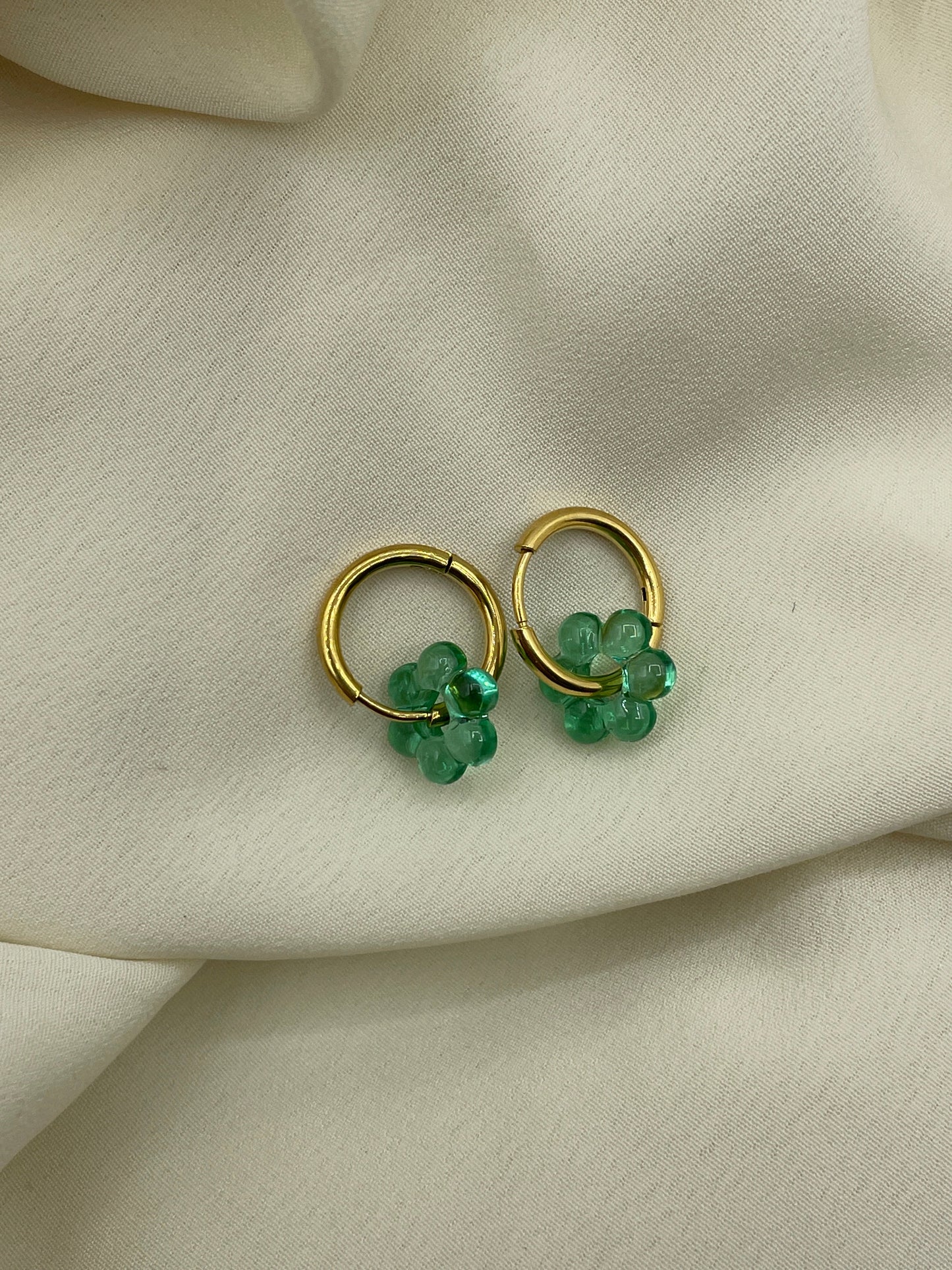 Green Flower Hoops Earrings