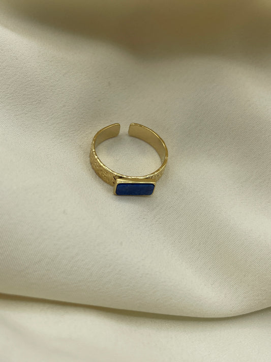 Hammered Rectangular Blue Stone Ring