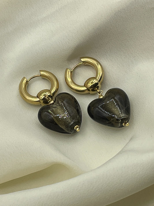 Black Hearts Pendant Earrings Gold