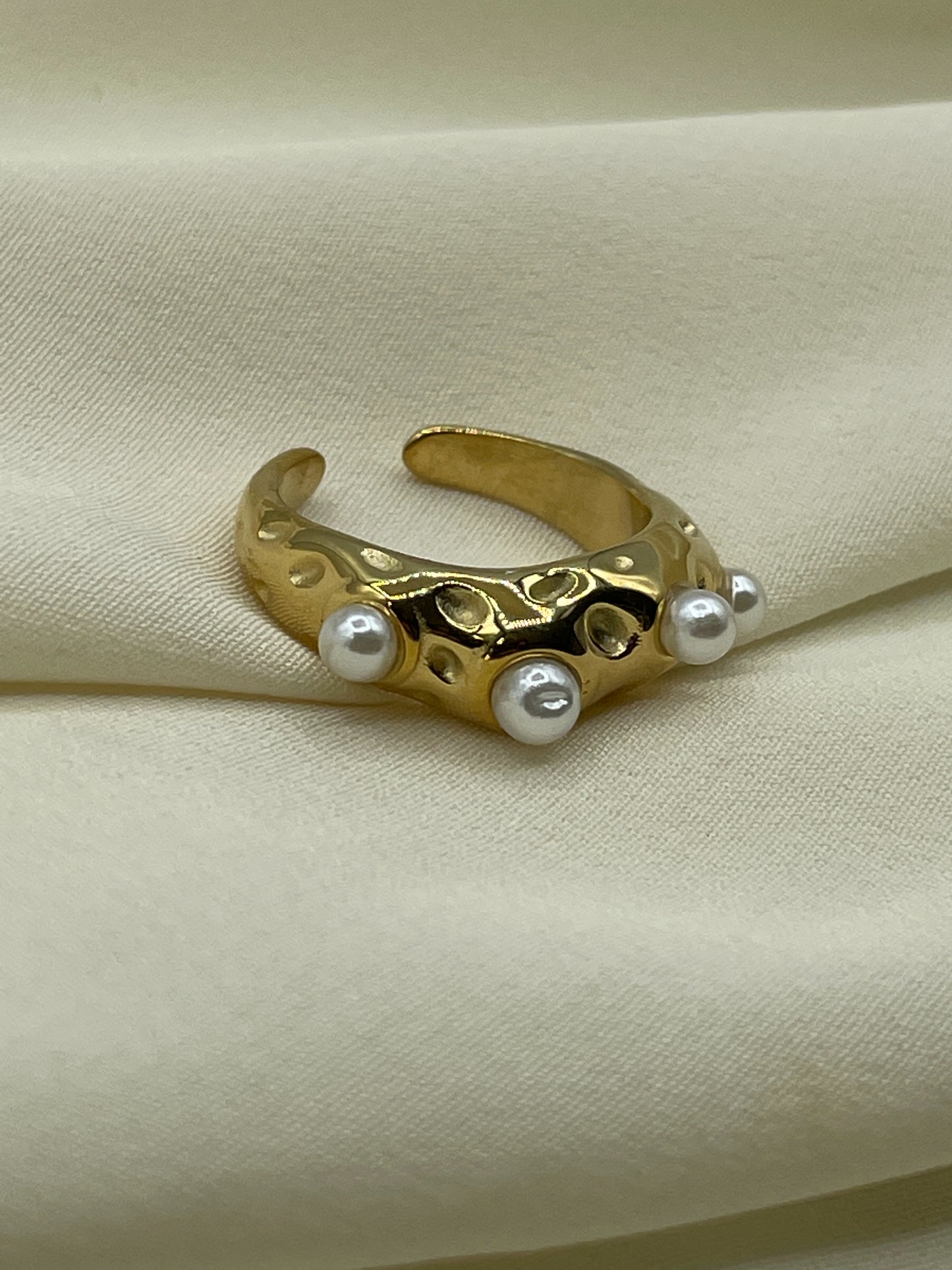 Hammered Pearled Gold Ring