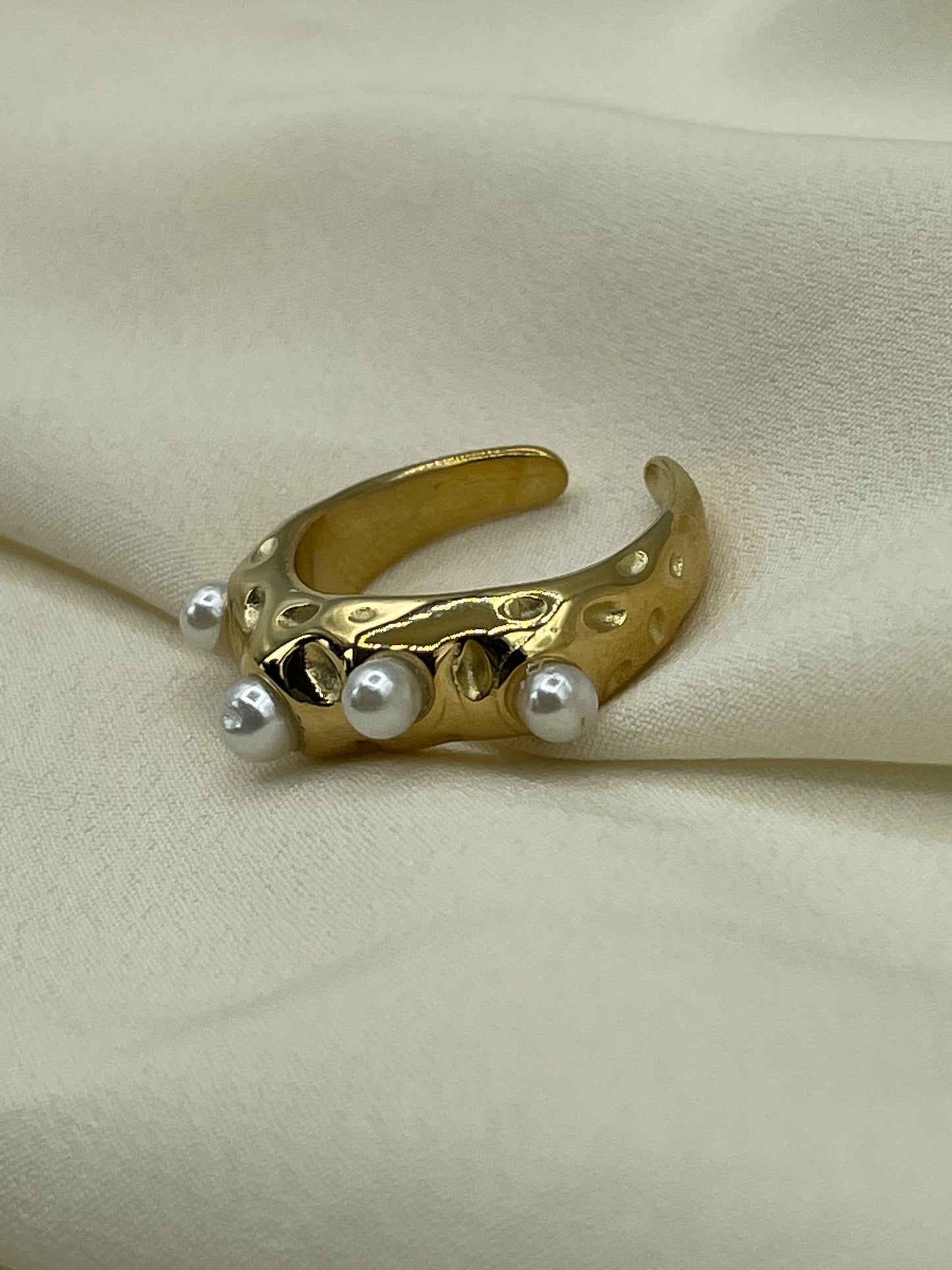 Hammered Pearled Gold Ring