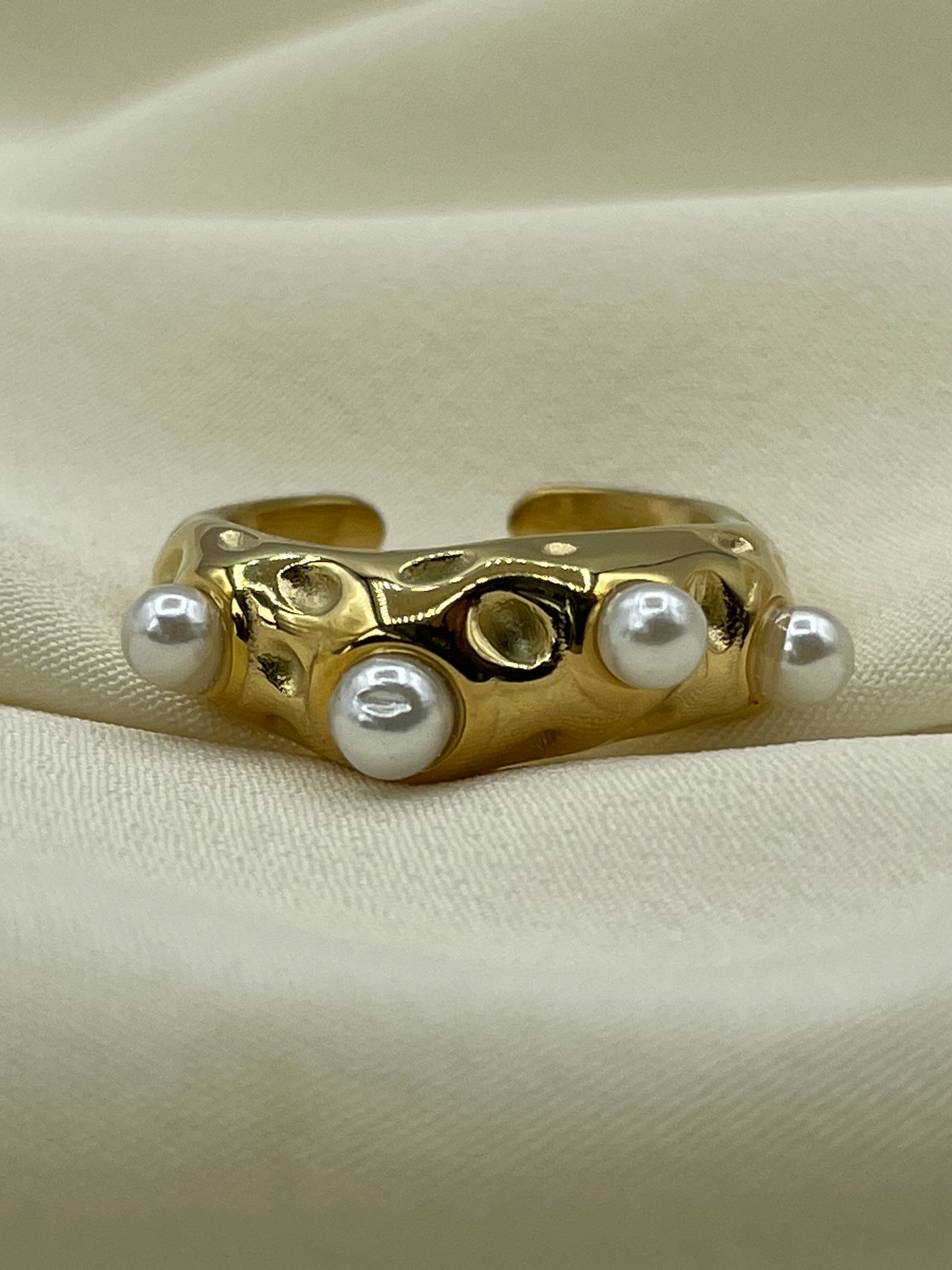 Hammered Pearled Gold Ring