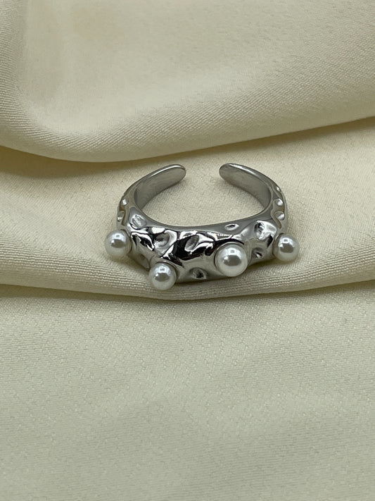 Hammered Pearled Silver Ring