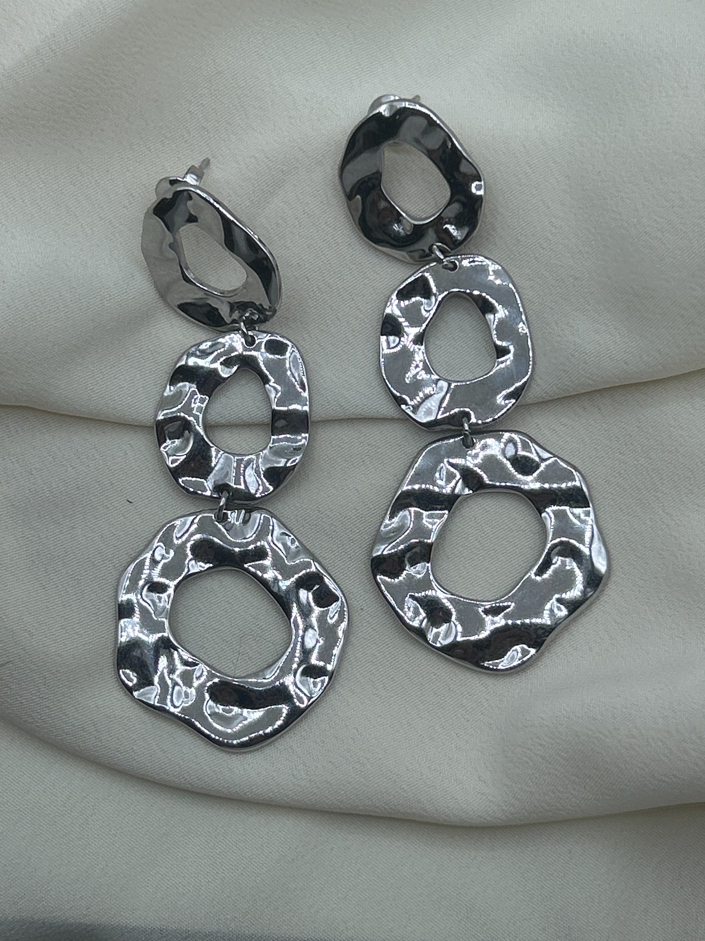 Hammered Triple Circle Earrings Silver