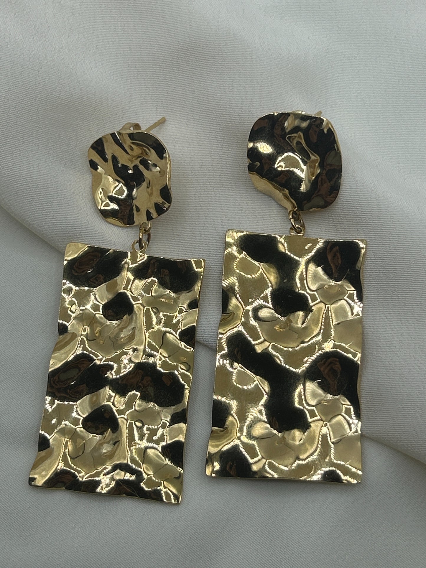 Hammered Square Pendant Earrings Gold
