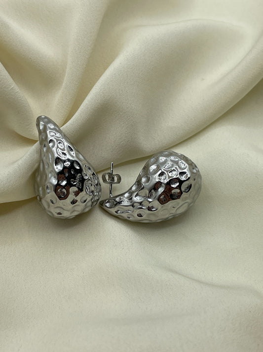 Large Hammered Tear Earrings Silver