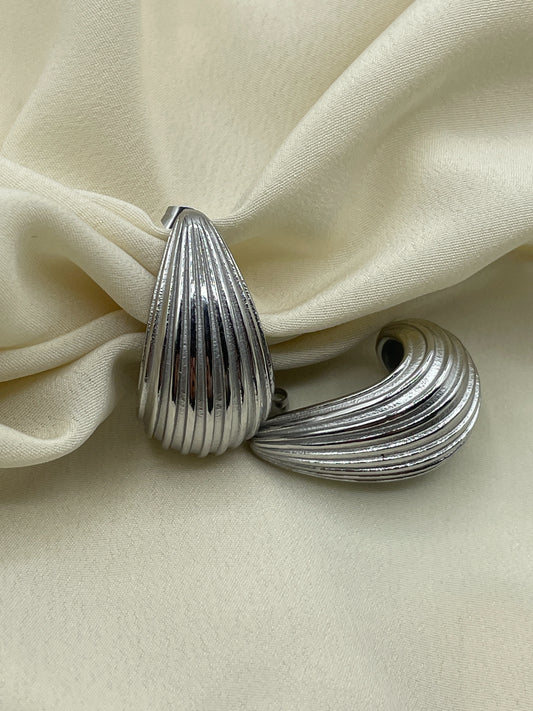 Large Striped Tear Earrings Silver