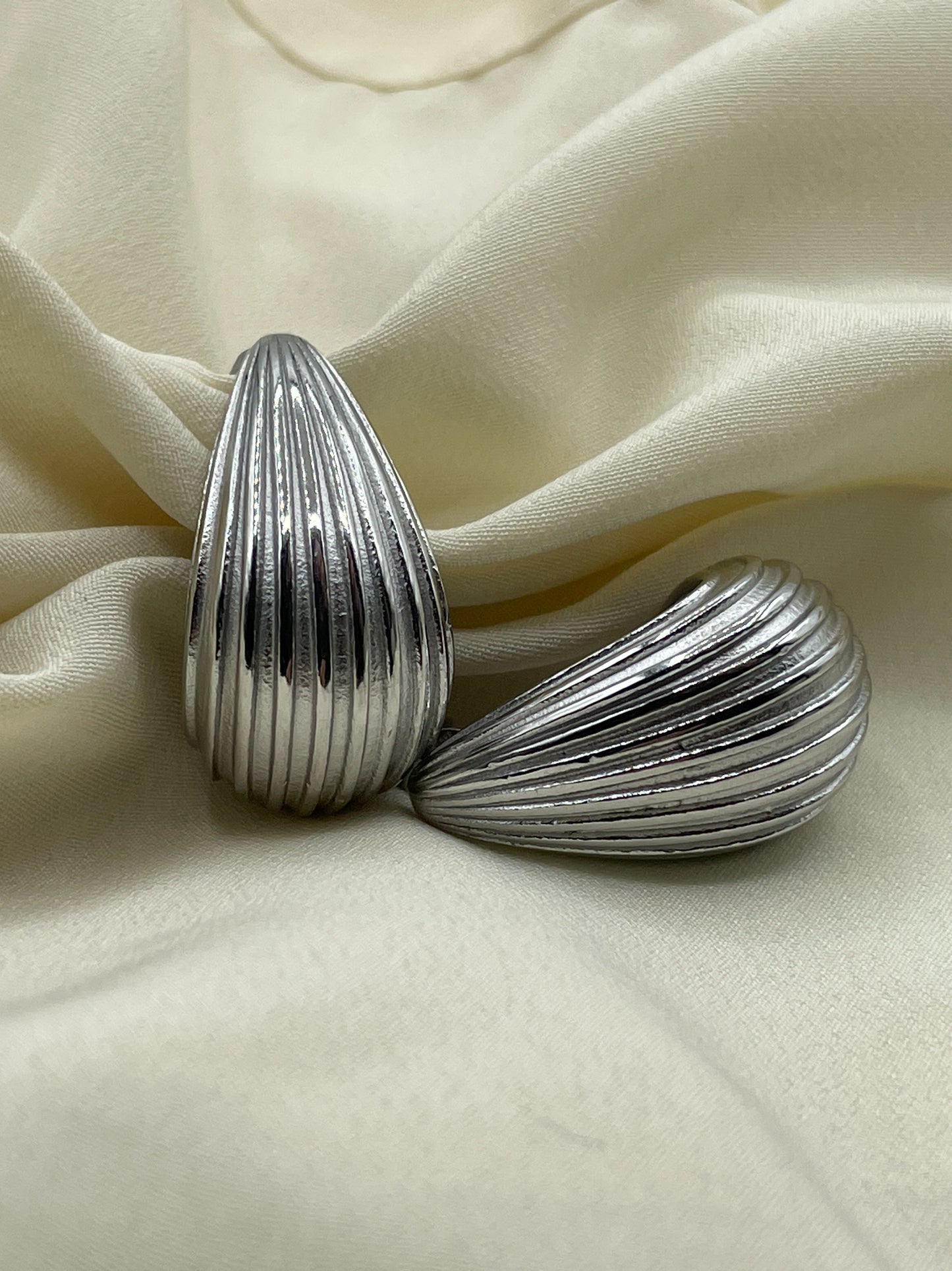 Large Striped Tear Earrings Silver