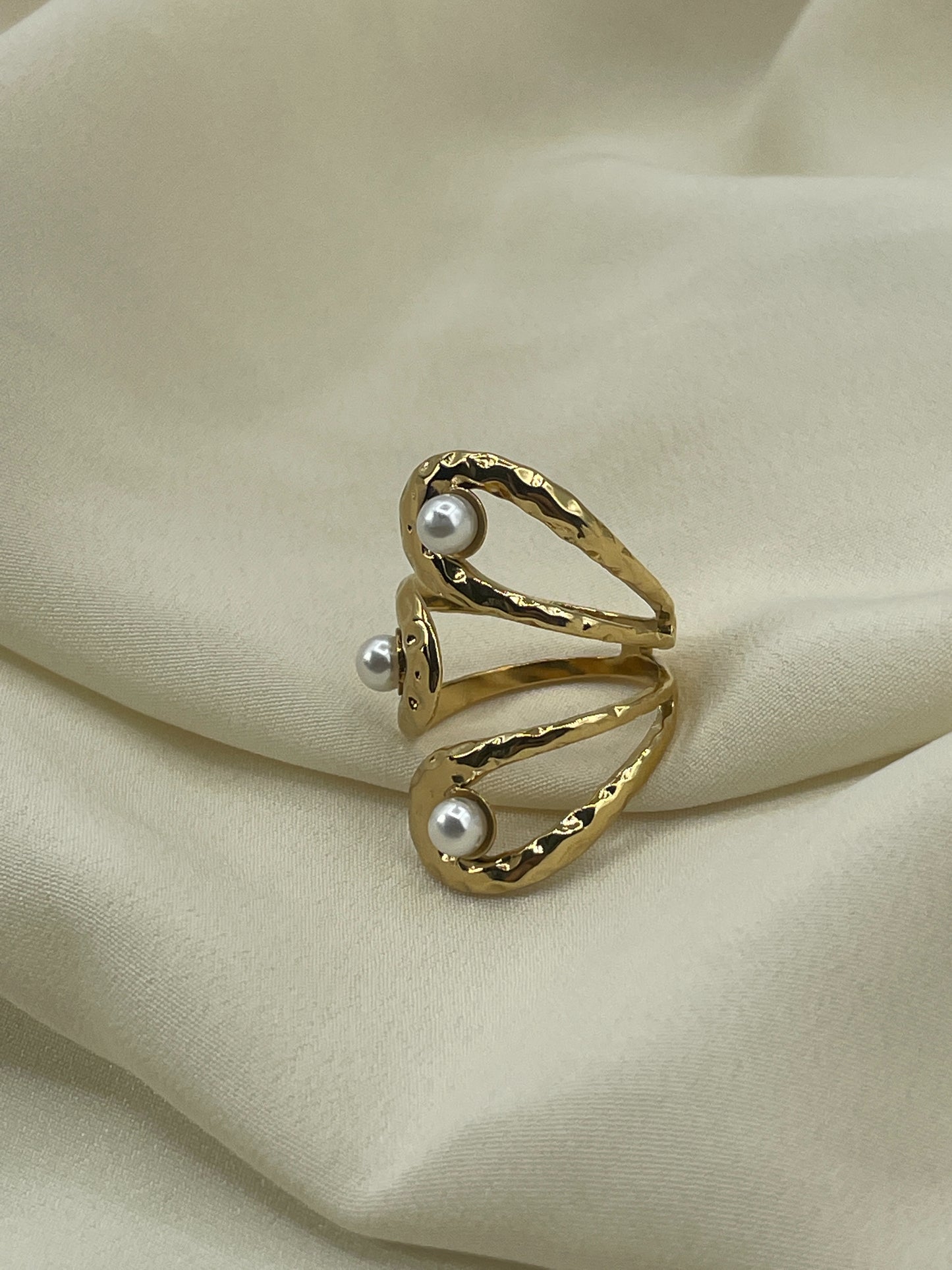 Triple Hammered Pearled Gold Ring