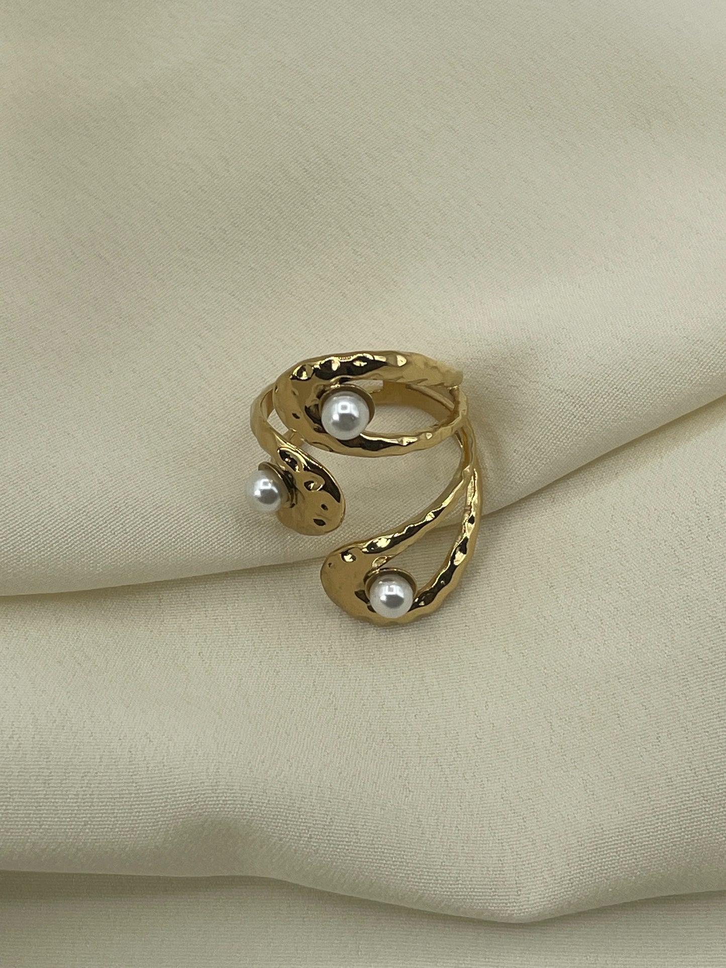 Triple Hammered Pearled Gold Ring